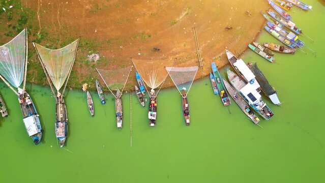Aerial view of Ben Nom fishing village, a brilliant, fresh, green image of the green algae season on Tri An lake, with many traditional fishing boats anchored.