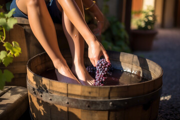 Women's feet trample grapes in a wooden barrel. Photorealistic illustration of Generative AI.