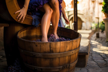 Obraz na płótnie Canvas Women's feet trample grapes in a wooden barrel. Photorealistic illustration of Generative AI.