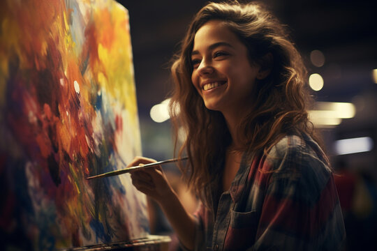 young happy woman artist painter in studio at evening with Generative AI