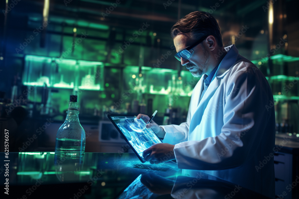 Poster a chemistry lab man with tablet in the laboratory with generative ai
