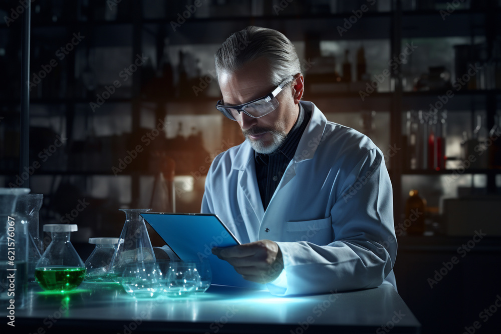 Poster a chemistry lab man with tablet in the laboratory with generative ai