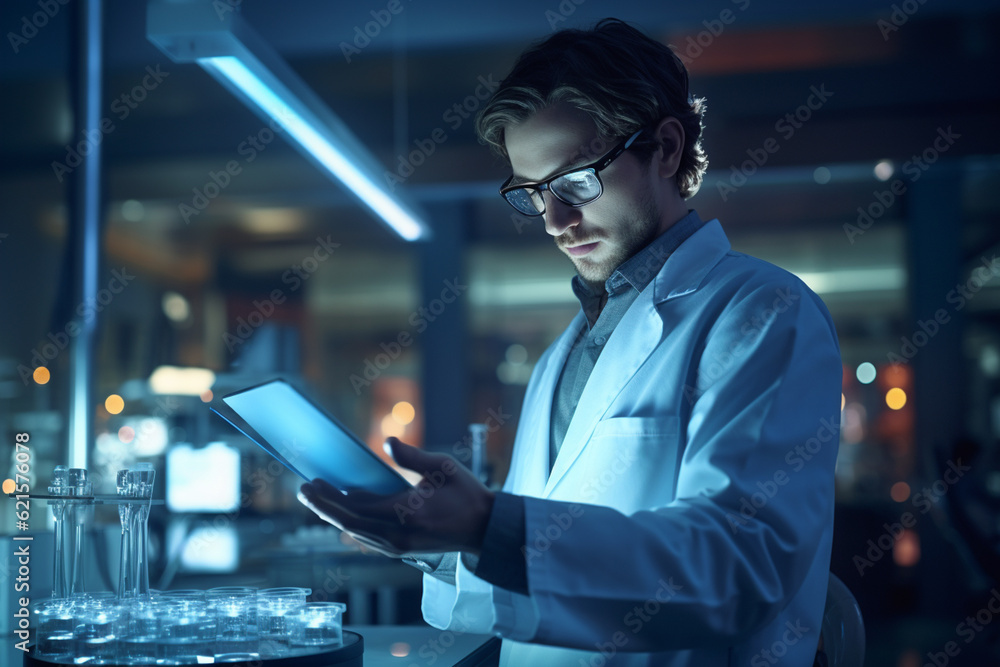Poster a chemistry lab man with tablet in the laboratory with generative ai