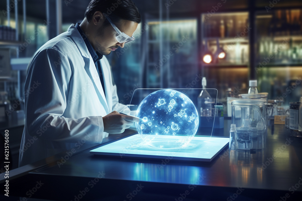 Poster a chemistry lab man with tablet in the laboratory with generative ai