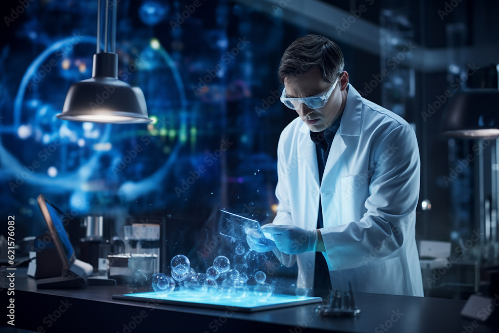 Poster a chemistry lab man with tablet in the laboratory with generative ai