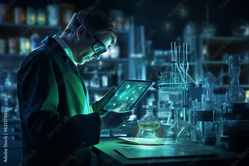 Poster a chemistry lab man with tablet in the laboratory with generative ai