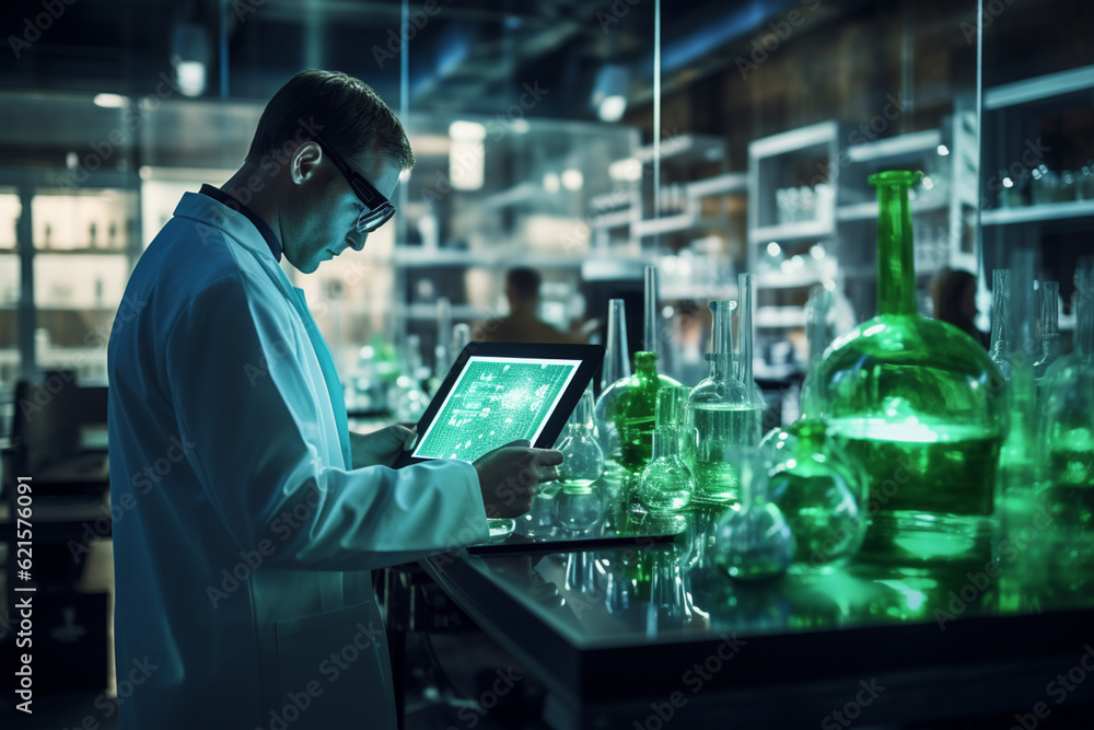 Poster a chemistry lab man with tablet in the laboratory with generative ai
