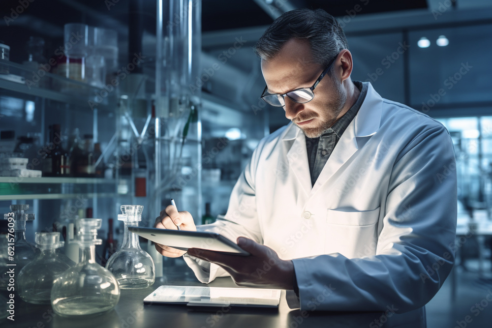 Poster a chemistry lab man with tablet in the laboratory with generative ai