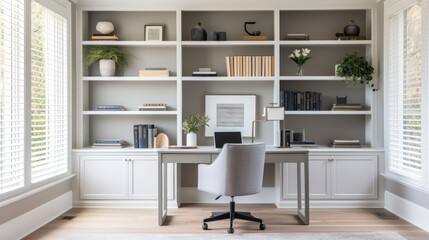 Fototapeta na wymiar An organized and stylish home office with a modern desk and comfortable chair, generative ai