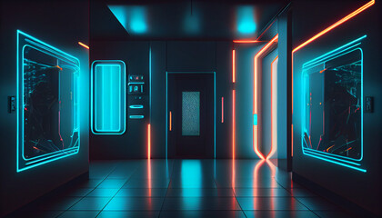 Futuristic background. Neon interior Ai generated image