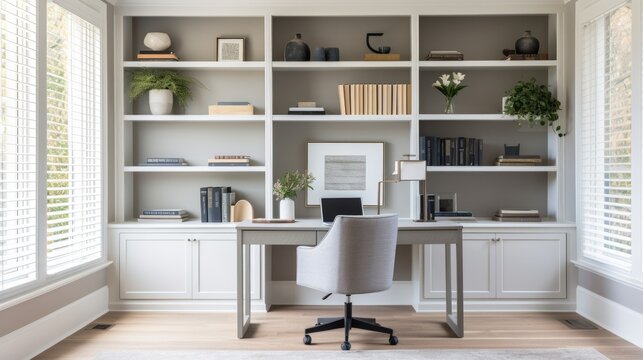 An organized and stylish home office with a modern desk and comfortable chair, generative ai