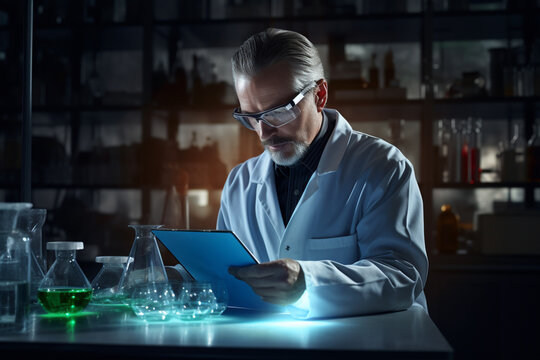 a chemistry lab man with tablet in the laboratory with Generative AI