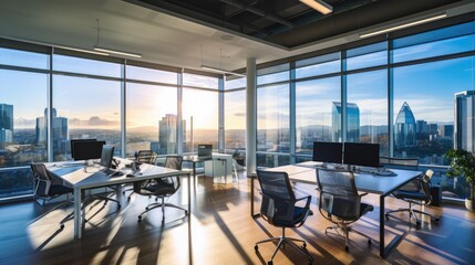 A modern office space with glass walls, ergonomic chairs, and panoramic city views, generative ai