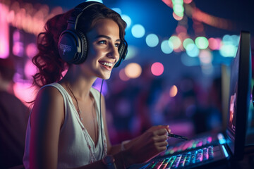 Obraz na płótnie Canvas a happy gamer woman wearing headphones is using a computer at night with Generative AI