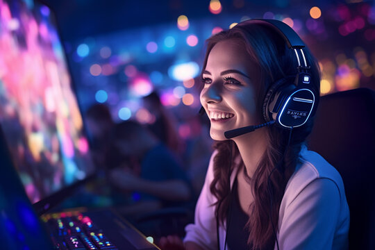 A Happy Gamer Woman Wearing Headphones Is Using A Computer At Night With Generative AI