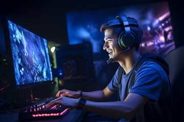a happy gamer man wearing headphones is using a computer at night with Generative AI - obrazy, fototapety, plakaty