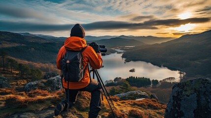 A professional photographer capturing a breathtaking natural landscape with a high-resolution camera, generative ai - obrazy, fototapety, plakaty