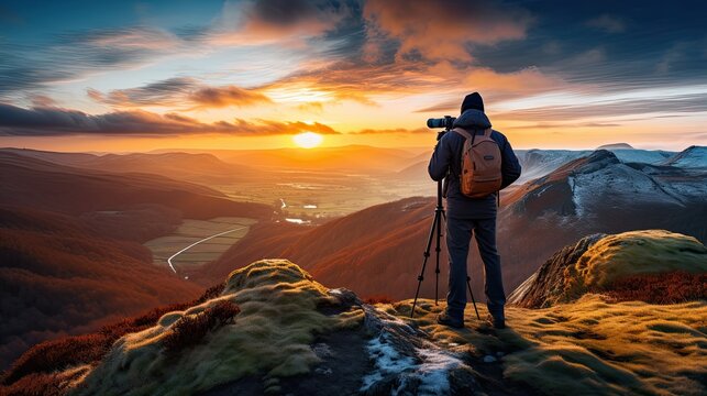 A professional photographer capturing a breathtaking natural landscape with a high-resolution camera, generative ai