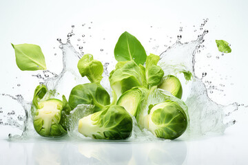 Fresh Brussels sprouts falling in pure water on white background (ai generated)