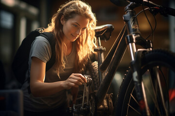 Fototapeta na wymiar happy woman fixing bicycle on a bicycle rack with Generative AI