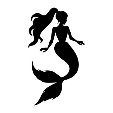 Vector illustration. Silhouette of a mermaid with a fish tail. The hair is tied in a ponytail.