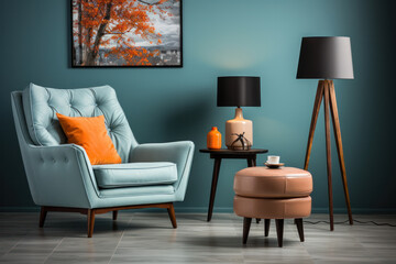 Tufted armchair and coffee table with lamp near pastel wall. Interior design of modern living room.