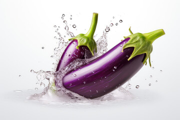 Water splashes of eggplant on a white background. (ai generated)