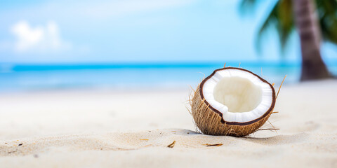 Fototapeta na wymiar Coconut on white sand on the beach background