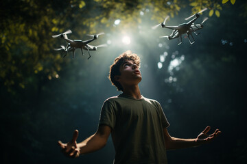 young man with a flying drone with Generative AI