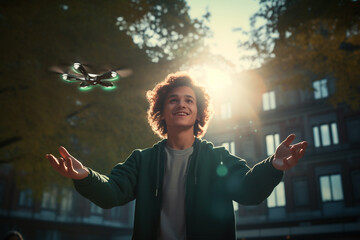 young man with a flying drone with Generative AI