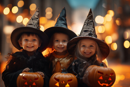 Naklejka three little kids in costume celebrating halloween together with Generative AI