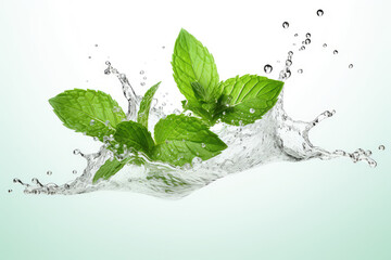 Water wave swirl splash with green mint leaves on white background (ai generated)