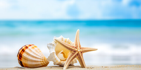 Fototapeta na wymiar Summer background with starfish on the beach, hello summer background