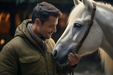 a young happy man touching a horse with Generative AI