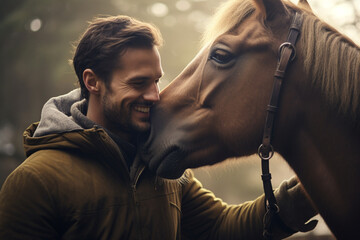 a young happy man touching a horse with Generative AI