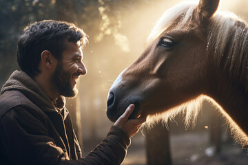 a young happy man touching a horse with Generative AI - obrazy, fototapety, plakaty