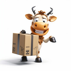 Smiling cow mascot delivering cargo package