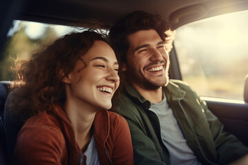 young couple smiling in car driving with Generative AI