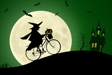Witch on a bike in the night sky on Halloween night
