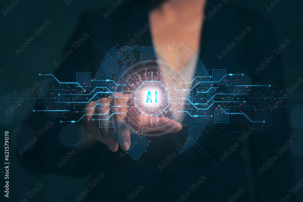 Poster the development of artificial intelligence (ai). businesswoman touches brain function. artificial in