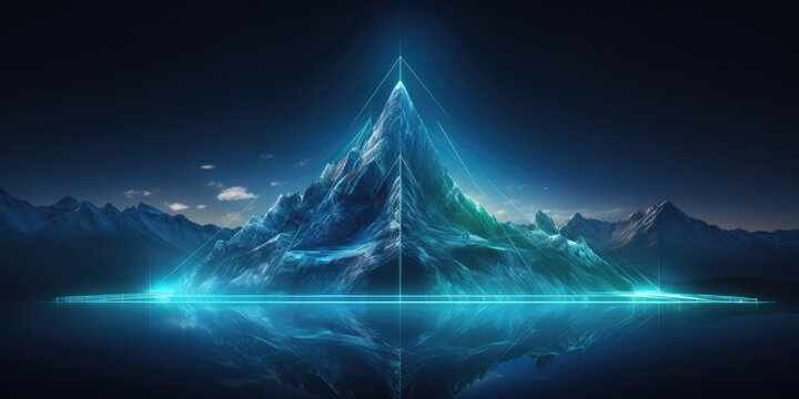 Hologram style mountain peak symbolizes the pinnacle of success and achievement in the era of digital transformation. Innovative strategies to excel in evolving business landscape