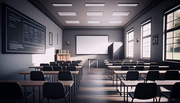Illustration of well lit spacious hall for lectures and presentations. Classroom with whiteboard indoor background Ai generated image