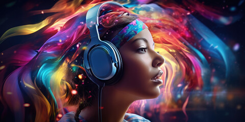 Media streaming concept, a person''s head donned in headphones is shown against a vibrant, colourful screen, symbolizing immersion in multimedia conten