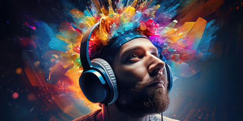 Media streaming concept, a person''s head donned in headphones is shown against a vibrant, colourful screen, symbolizing immersion in multimedia conten - obrazy, fototapety, plakaty