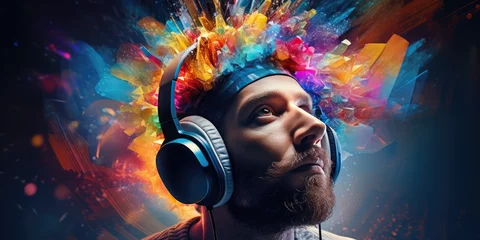 Foto op Plexiglas Media streaming concept, a person''s head donned in headphones is shown against a vibrant, colourful screen, symbolizing immersion in multimedia conten © DanteVeiil