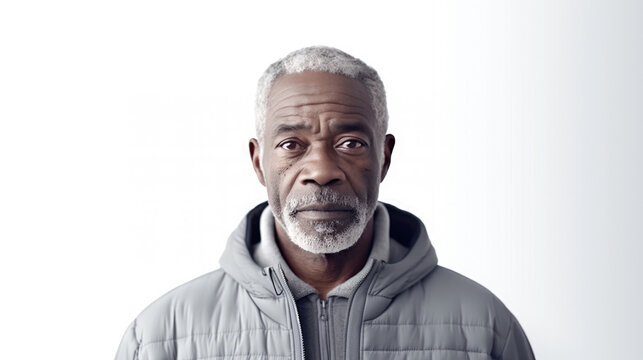 Mature black man wearing a sweatshirt stands alone on a white background, looking at the camera