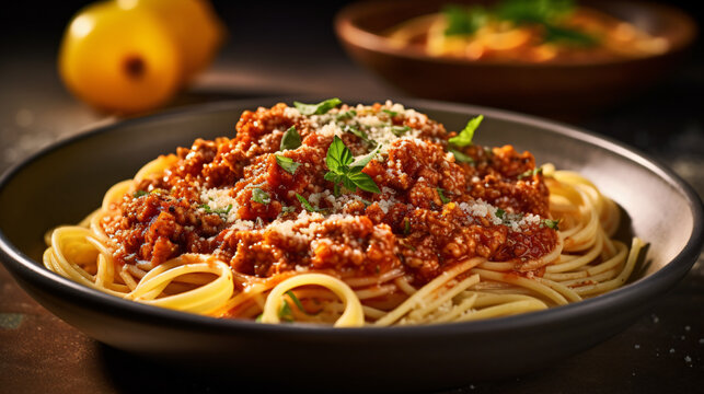 Closeup shot of a Pasta with bolognaise. Food Wallpaper. Generative Ai.