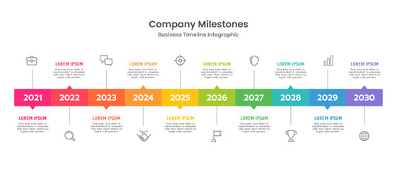 Timeline infographic business brochure 10 critical historical events. Vector illustration.