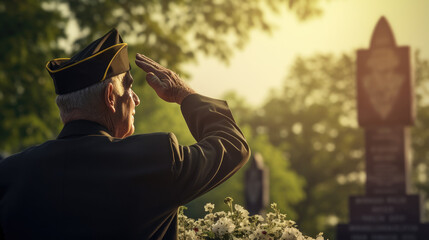 old male veteran saluting to graves - obrazy, fototapety, plakaty