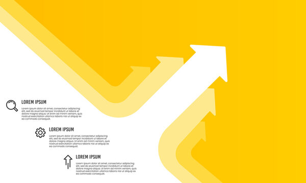 Business presentation 3 option with white upward oblique arrows on yellow background template. Vector illustration.